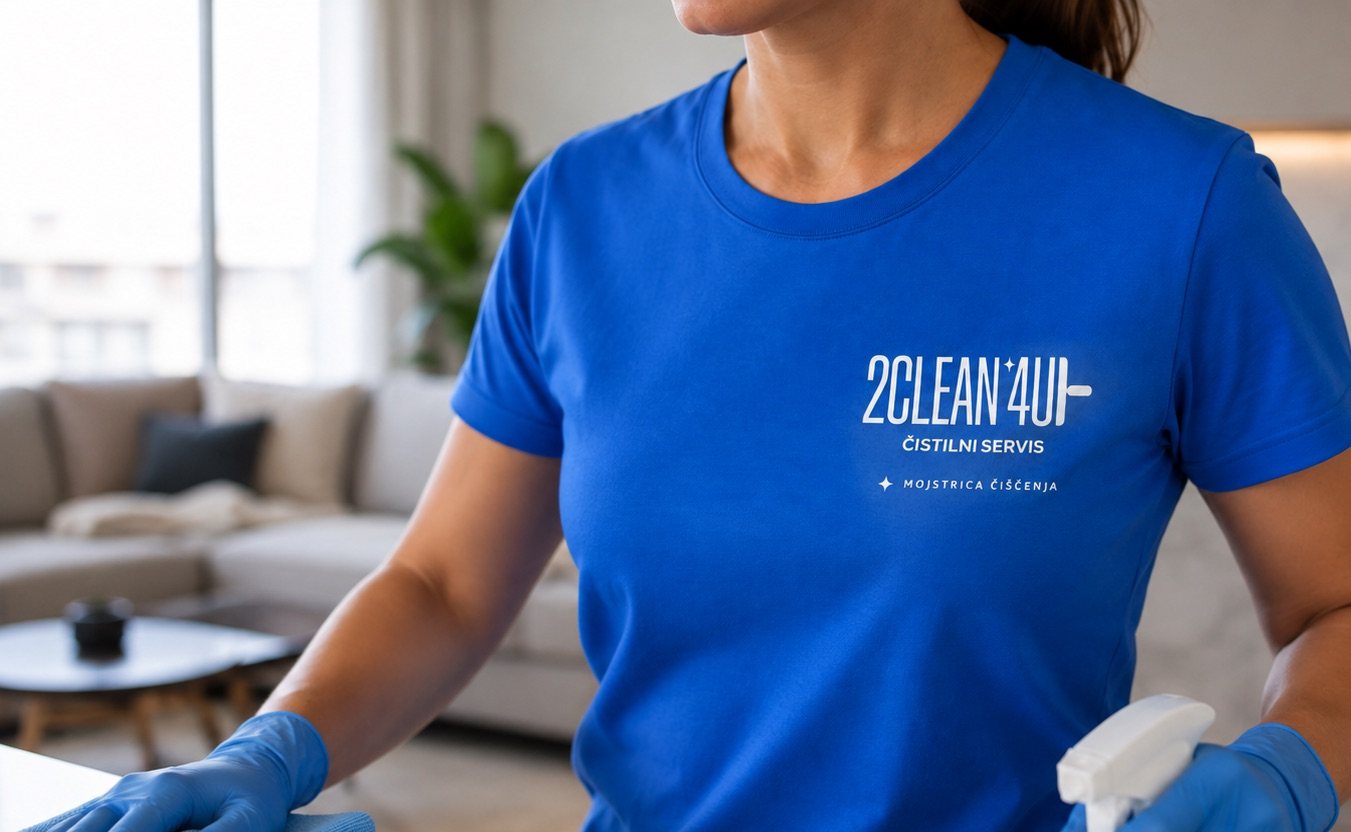 Mojstrica čiščenja 2clean4U z nazivom na delovni majici
