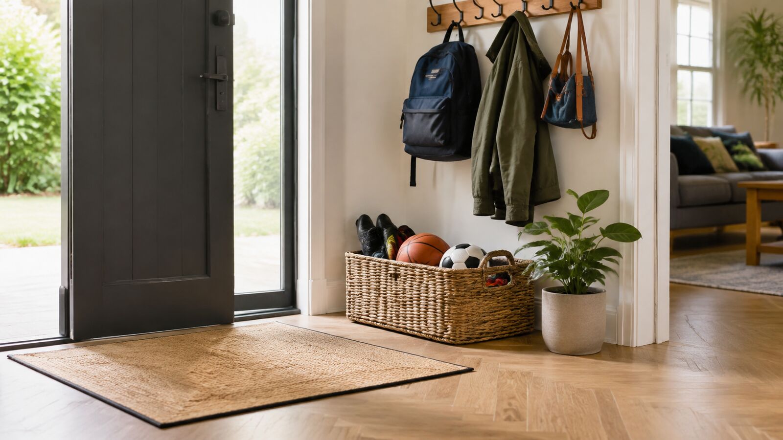 Aufgeräumter Eingangsbereich mit Fußmatte, Korb für Sportsachen und Haken für Taschen